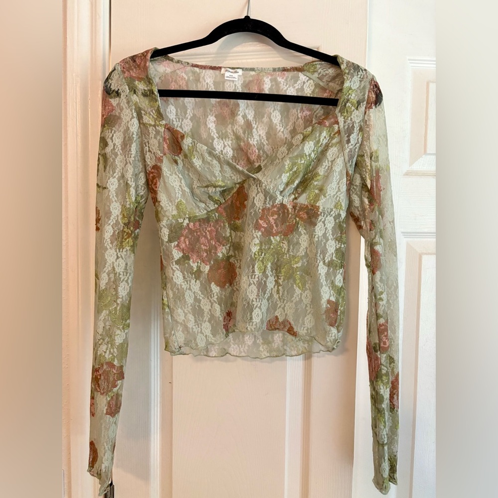 Sheer Floral Lace Long Sleeve Top